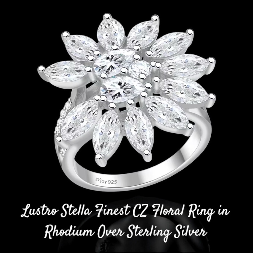 Lustro Stella Finest CZ Floral Ring 1.15ctw with Rhodium Over Sterling Silver